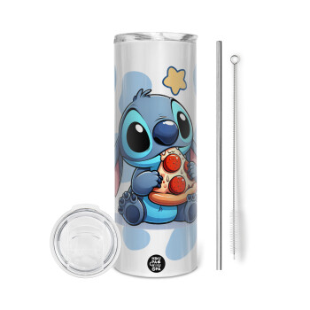 Stitch Pizza, Eco friendly ποτήρι θερμό (tumbler) από ανοξείδωτο ατσάλι 600ml, με μεταλλικό καλαμάκι & βούρτσα καθαρισμού