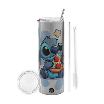 Stitch Pizza, Eco friendly stainless steel Silver tumbler 600ml, with metal straw & cleaning brush