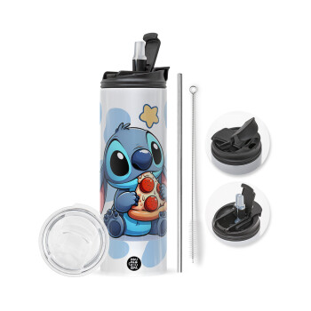 Stitch Pizza, Travel Tumbler θερμό με διπλό καπάκι, μεταλλικό καλαμάκι και βούρτσα καθαρισμού (Ανωξείδωτο 304 Food grade, BPA free, 600ml)