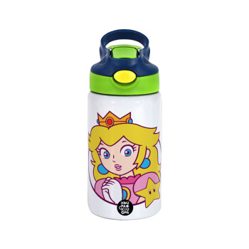 Princess Peach, Children's hot water bottle, stainless steel, with safety straw, green, blue (350ml)