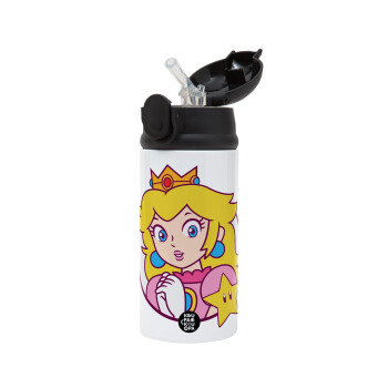 Princess Peach, Children's hot water bottle, stainless steel, with safety straw, Black (360ml) BPA-FREE