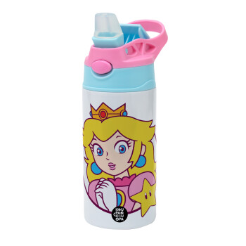 Princess Peach, Children's hot water bottle, stainless steel, with safety straw, Pink/BlueCiel (360ml) BPA FREE