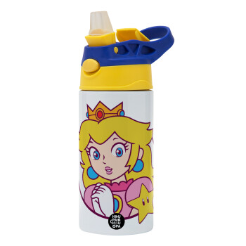 Princess Peach, Children's hot water bottle, stainless steel, with safety straw, green, blue (360ml) BPA FREE