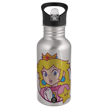 Princess Peach, Water bottle Silver with straw, stainless steel 500ml