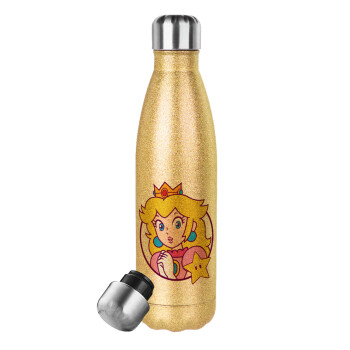 Princess Peach, Μεταλλικό παγούρι θερμός Glitter χρυσό (Stainless steel), διπλού τοιχώματος, 500ml