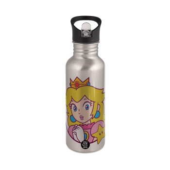 Princess Peach, Water bottle Silver with straw, stainless steel 600ml
