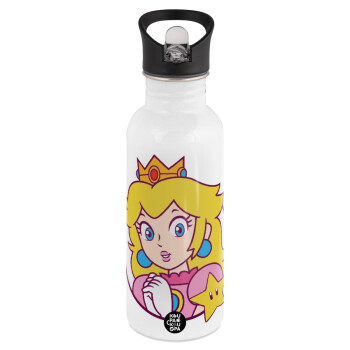 Princess Peach, White water bottle with straw, stainless steel 600ml