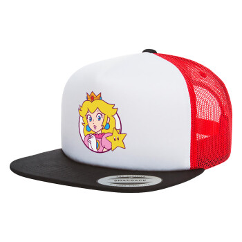 Princess Peach, Adult Foam Flat Snapback with Mesh Black-White-Red (POLYESTER, ADULT, UNISEX, ONE SIZE)