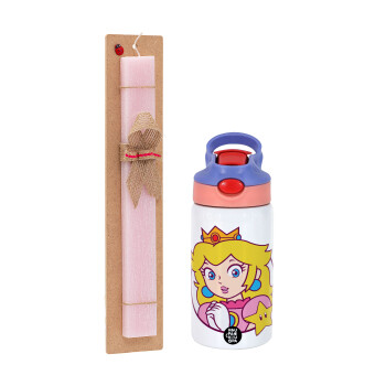 Princess Peach, Πασχαλινό Σετ, Παιδικό παγούρι θερμό, ανοξείδωτο, με καλαμάκι ασφαλείας, ροζ/μωβ (350ml) & πασχαλινή λαμπάδα αρωματική πλακέ (30cm) (ΡΟΖ)