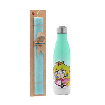 Princess Peach, Easter Set, Metallic green/white thermos (Stainless steel), double-walled, 500ml & scented flat Easter candle (30cm) (TURQUOISE)