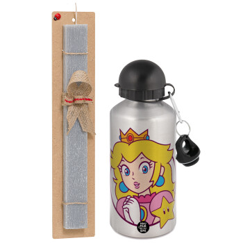 Princess Peach, Easter Set, metallic silver aluminum water bottle (500ml) & aromatic flat Easter candle (30cm) (GRAY)