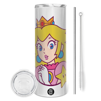 Princess Peach, Eco friendly stainless steel tumbler 600ml, with metal straw & cleaning brush