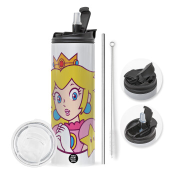 Princess Peach, Travel Tumbler θερμό με διπλό καπάκι, μεταλλικό καλαμάκι και βούρτσα καθαρισμού (Ανωξείδωτο 304 Food grade, BPA free, 600ml)