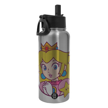 Princess Peach, Μεταλλικό παγούρι θερμός Silver με καλαμάκι και χερούλι (Stainless steel), διπλού τοιχώματος, 950ml