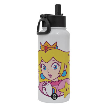 Princess Peach, Μεταλλικό παγούρι θερμός Λευκό με καλαμάκι και χερούλι (Stainless steel), διπλού τοιχώματος, 950ml