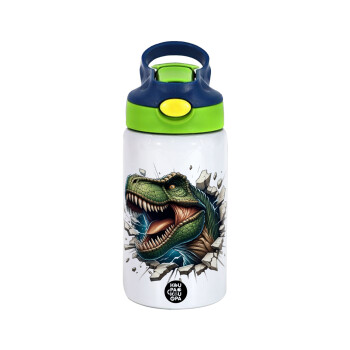 Dinosaur break wall, Children's hot water bottle, stainless steel, with safety straw, green, blue (350ml)