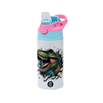 Dinosaur break wall, Children's hot water bottle, stainless steel, with safety straw, Pink/BlueCiel (360ml) BPA FREE