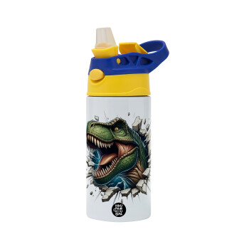 Dinosaur break wall, Children's hot water bottle, stainless steel, with safety straw, green, blue (360ml) BPA FREE