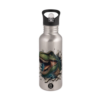 Dinosaur break wall, Water bottle Silver with straw, stainless steel 600ml