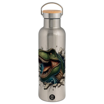 Dinosaur break wall, Stainless steel Silver with wooden lid (bamboo), double wall, 750ml