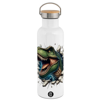 Dinosaur break wall, Stainless steel White with wooden lid (bamboo), double wall, 750ml