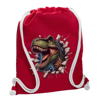 Dinosaur break wall, Τσάντα πλάτης πουγκί GYMBAG Κόκκινη, με τσέπη (40x48cm) & χονδρά κορδόνια