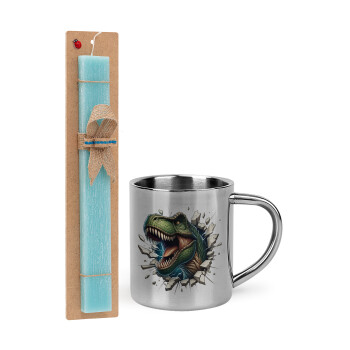 Dinosaur break wall, Easter Set, metallic thermal cup (300ml) & aromatic flat Easter candle (30cm) (TURQUOISE)