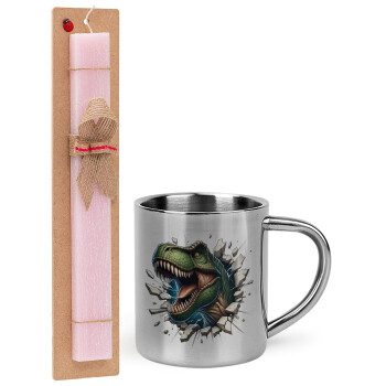 Dinosaur break wall, Easter Set, metallic thermal cup (300ml) & aromatic flat Easter candle (30cm) (PINK)