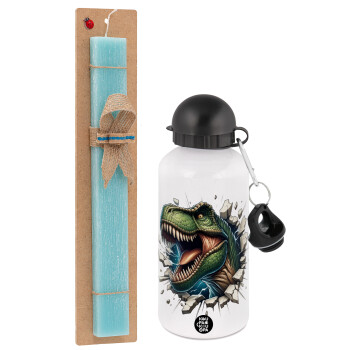 Dinosaur break wall, Easter Set, metallic aluminum water bottle (500ml) & scented flat candle (30cm) (TURQUOISE)