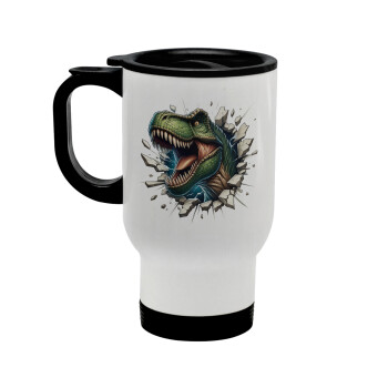 Dinosaur break wall, Stainless steel travel mug with lid, double wall white 450ml