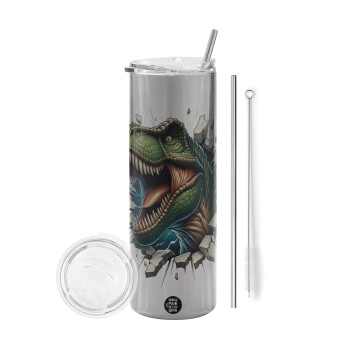 Dinosaur break wall, Eco friendly stainless steel Silver tumbler 600ml, with metal straw & cleaning brush