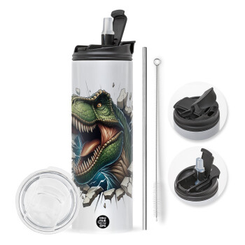 Dinosaur break wall, Travel Tumbler θερμό με διπλό καπάκι, μεταλλικό καλαμάκι και βούρτσα καθαρισμού (Ανωξείδωτο 304 Food grade, BPA free, 600ml)