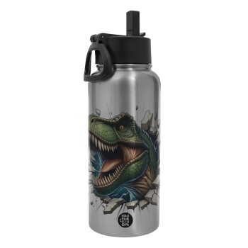 Dinosaur break wall, Metal mug thermo Silver with Straw and Spout Lid (Stainless steel), double wall, 950ml