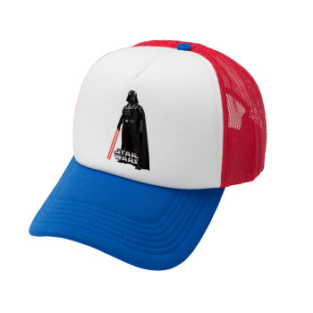 Darth vader, Adult Soft Trucker Hat with Red/Blue/White Mesh (POLYESTER, ADULT, UNISEX, ONE SIZE)