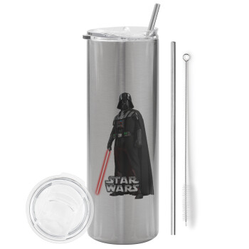 Darth vader, Eco friendly ποτήρι θερμό Ασημένιο (tumbler) από ανοξείδωτο ατσάλι 600ml, με μεταλλικό καλαμάκι & βούρτσα καθαρισμού