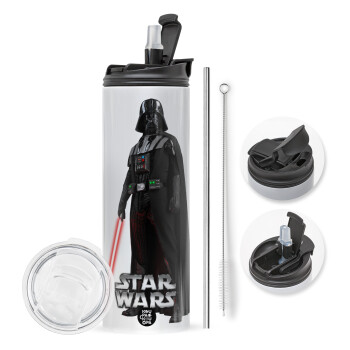 Darth vader, Travel Tumbler 2 Lids, with metal straw & cleaning brush (Stainless steel 304 Food grade, BPA free, 600ml)