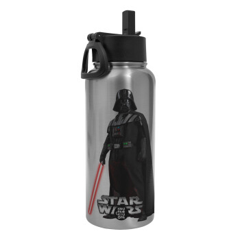 Darth vader, Metal mug thermo Silver with Straw and Spout Lid (Stainless steel), double wall, 950ml