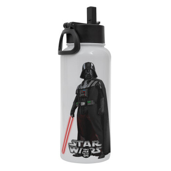 Darth vader, Metal mug thermo White with Straw and Spout Lid (Stainless steel), double wall, 950ml