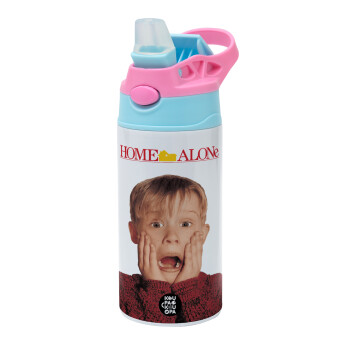 Μόνος στο σπίτι Kevin McCallister Shocked, Children's hot water bottle, stainless steel, with safety straw, Pink/BlueCiel (360ml) BPA FREE