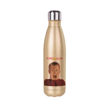 Μόνος στο σπίτι Kevin McCallister Shocked, Glitter gold stainless steel thermos bottle, double-walled, 500ml