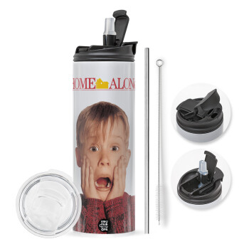 Μόνος στο σπίτι Kevin McCallister Shocked, Travel Tumbler 2 Lids, with metal straw & cleaning brush (Stainless steel 304 Food grade, BPA free, 600ml)