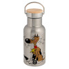 Stainless steel metallic thermos flask, silver with a bamboo lid, double-walled, 350ml.