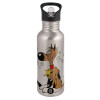 Water bottle Silver with straw, stainless steel 600ml