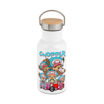 Chopper One Piece, Μεταλλικό παγούρι θερμός (Stainless steel) Λευκό με ξύλινο καπακι (bamboo), διπλού τοιχώματος, 350ml