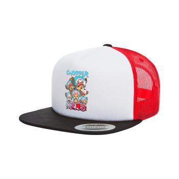 Chopper One Piece, Adult Foam Flat Snapback with Mesh Black-White-Red (POLYESTER, ADULT, UNISEX, ONE SIZE)