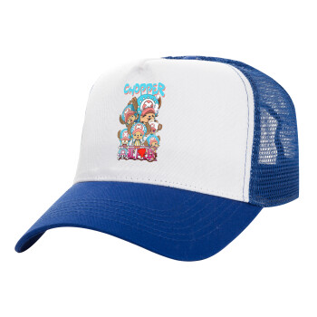 Chopper One Piece, Adult Structured Trucker Hat, with Mesh, WHITE/BLUE (100% COTTON, ADULT, UNISEX, ONE SIZE)