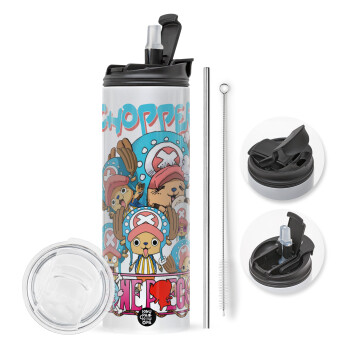 Chopper One Piece, Travel Tumbler θερμό με διπλό καπάκι, μεταλλικό καλαμάκι και βούρτσα καθαρισμού (Ανωξείδωτο 304 Food grade, BPA free, 600ml)