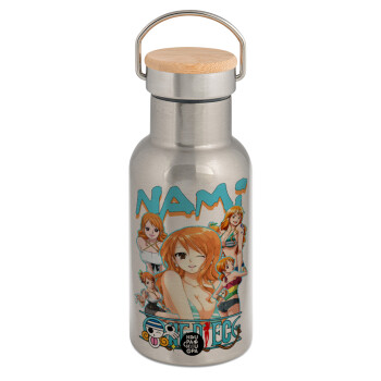 Nami One Piece, Stainless steel metallic thermos flask, silver with a bamboo lid, double-walled, 350ml.