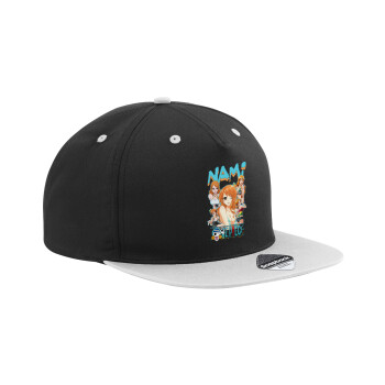 Nami One Piece, Adult Flat Snapback Hat Black/Grey, (100% COTTON TWILL, ADULT, UNISEX, ONE SIZE)