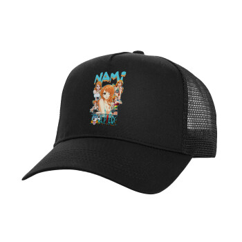 Nami One Piece, Structured Trucker Adult Hat, with Mesh, Black (100% COTTON, ADULT, UNISEX, ONE SIZE)